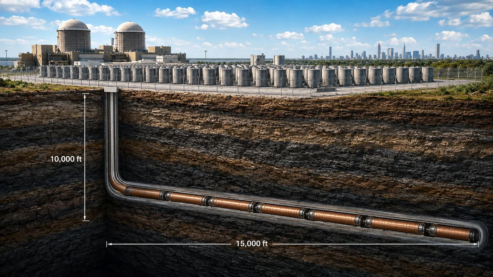Conceptual NuclearSAFE SuperLAT deep horizontal repository beneath surface spent-fuel storage