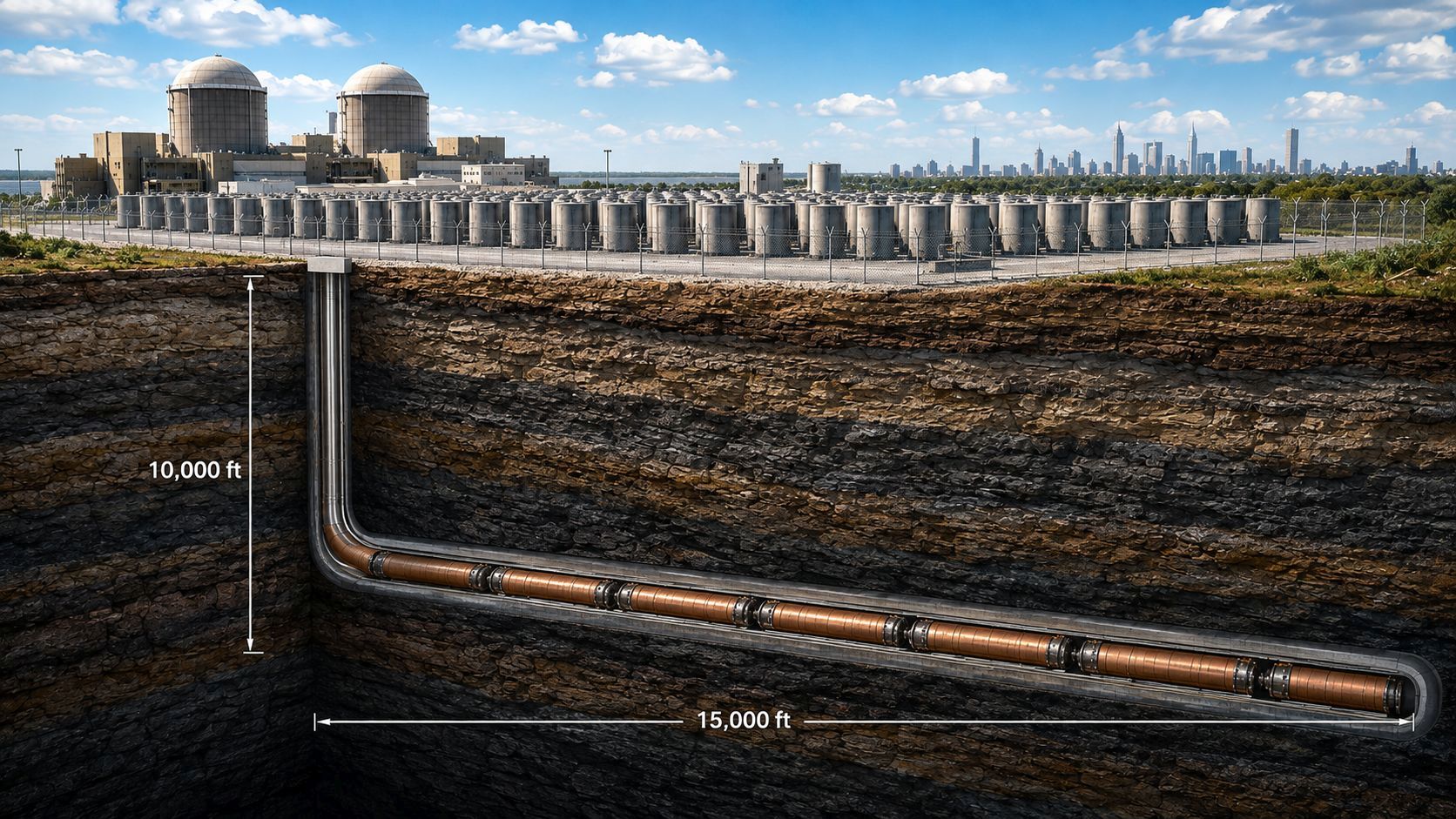 NuclearSAFE SuperLAT concept with nuclear plant, surface storage and deep horizontal repository